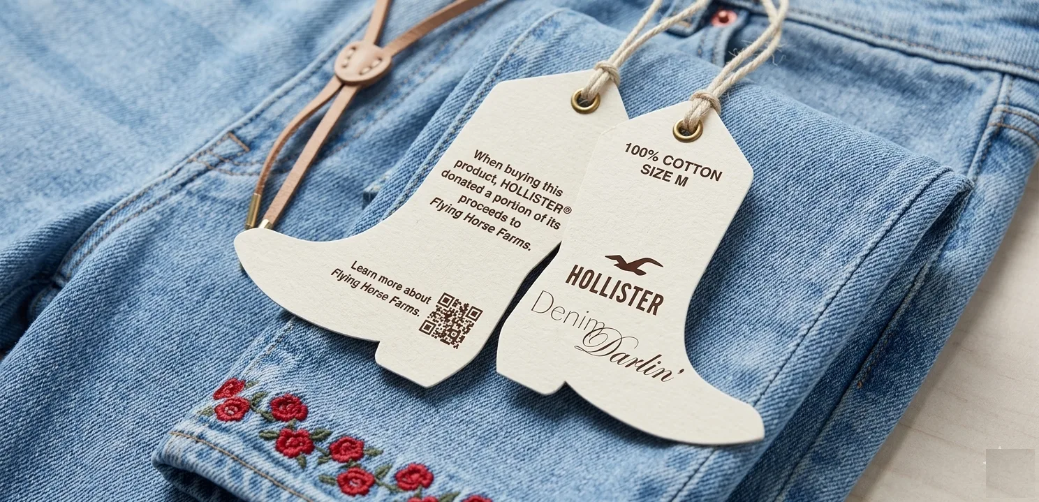 Denim Darlin' hang tag — 100% cotton, Flying Horse Farms QR code