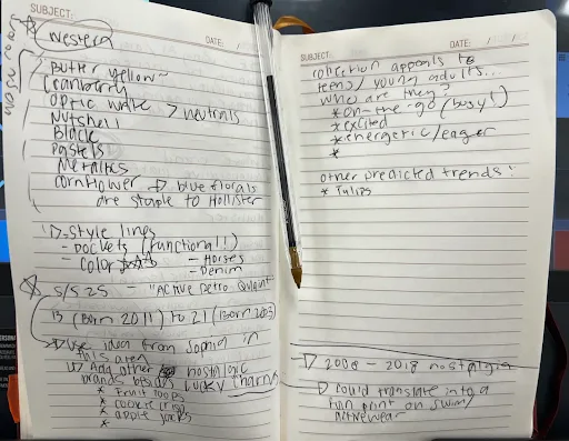 Sketchbook trend research notes for S/S 25