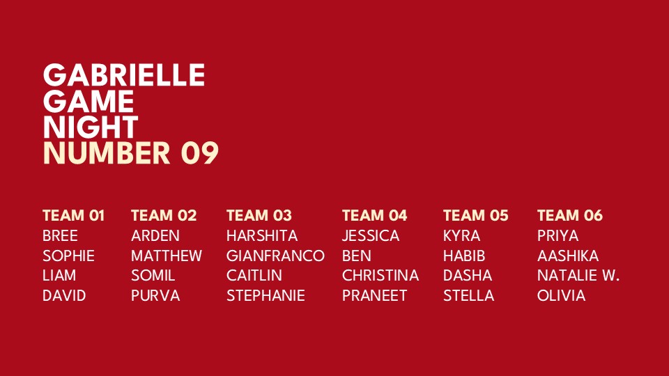 Game Night team assignments