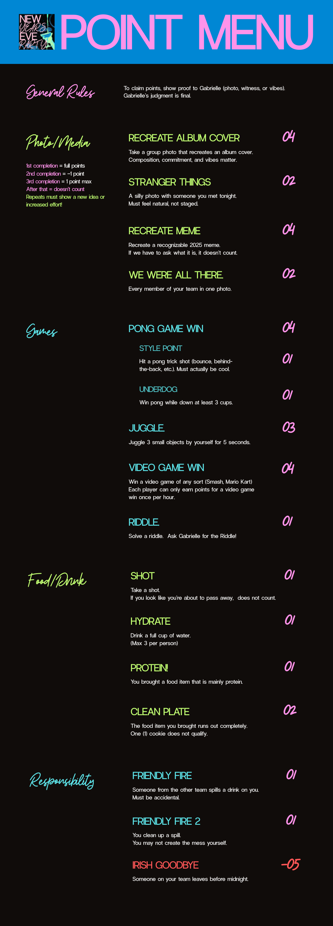 Game Night point menu