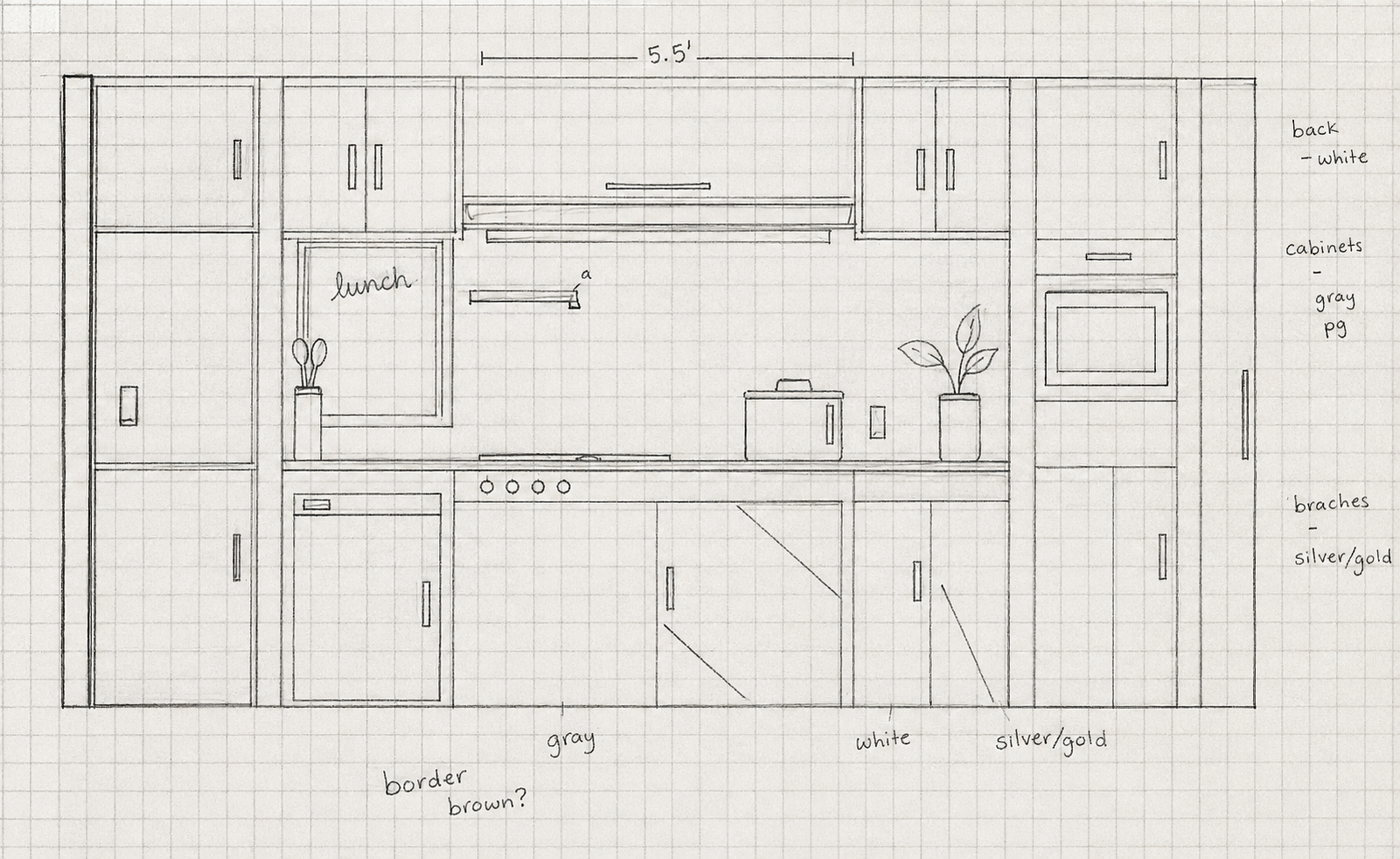 Hand-drawn kitchen elevation sketch with cabinet, appliance, and finish annotations